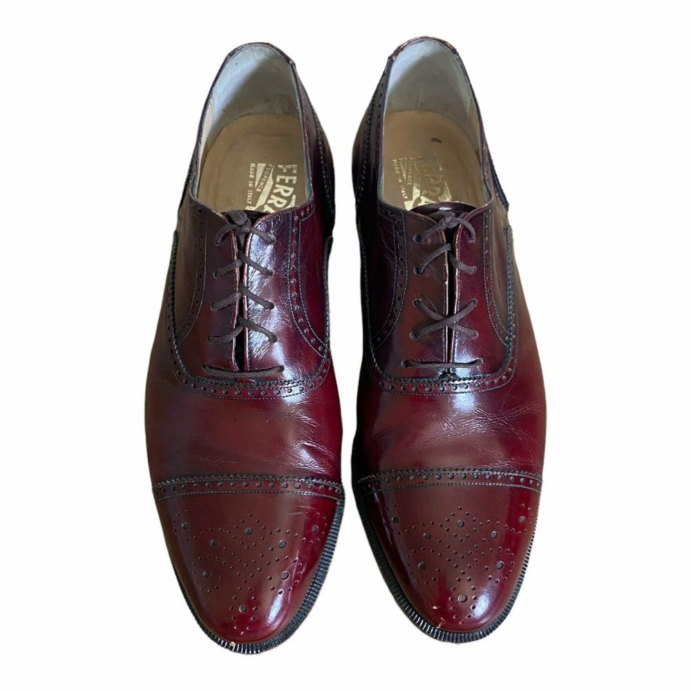 Salvatore Ferragamo Wingtip Oxford Burgundy Men's Size 6.5 Leather Dress Shoes